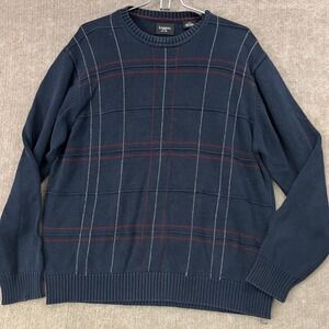 Haggar‎ Mens Large Blue Plaid Crew Neck Long Sleeve Knit Sweater